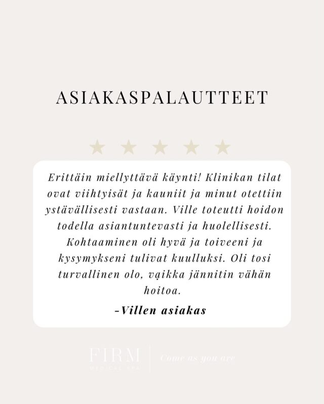 ✨ Olemme saaneet vuoden alkuun jo upeita palautteita, jotka haluamme jakaa kanssanne. ✨Kiitos jokaiselle, joka on luottanut meihin ja jakanut kokemuksensa – teidän sananne merkitsevät meille enemmän kuin osaatte arvatakaan. Ne muistuttavat meitä joka päivä siitä, miksi teemme tätä työtä: jotta voisimme tarjota turvallisia, korkeatasoisia ja aidosti välittäviä hoitokokemuksia.Kiitos luottamuksesta, kiitos kohtaamisista, kiitos teistä. 🤍Vuosi 2026 on lähtenyt käyntiin kauniisti – yhdessä.#firmmedicalspa #asiakaspalaute #kiitosluottamuksesta #medicalspa #esteettinenklinikka #kauneusammattilaiset #luonnollinenkauneus #turvallinenhoito #laatu #hyvinvointi #hehkuva #vuosi2026 #kiitollisuus #ihonhoito #esteettinenklinikkavantaa