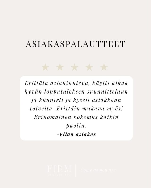 Paras tapa päättää viikko ✨
Kiitos ihanista asiakaspalautteista — ne merkitsevät meille enemmän kuin arvaattekaan 🤍 Paletit täynnä kauneutta ja sydän täynnä kiitollisuutta.Ihanaa viikonloppua kaikille 💫#firmmedicalspa #kiitollinen #asiakaspalaute #esteettinenklinikka #luonnollinenkauneus